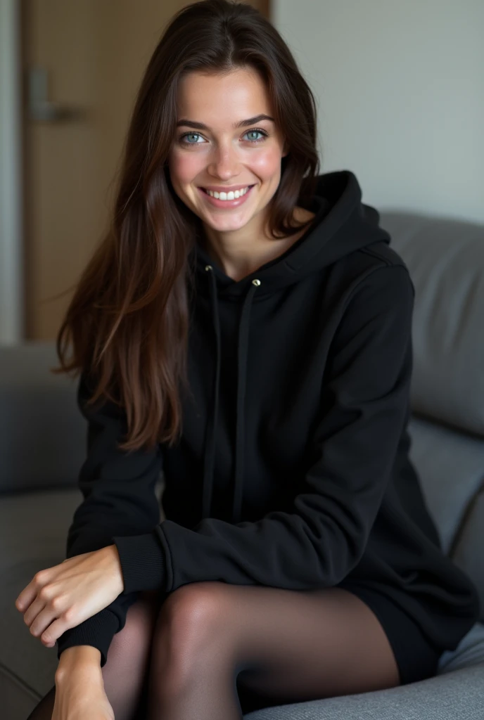 dark brown hair、straight hair、full body 、teaing smile、 she wears a black hoodie.、black pantyhose with white socks、adult german woman、blue eyes 、leaning on a couch、showing her legs and feet、young german woman、wide angle、 she has  blue eyes.、