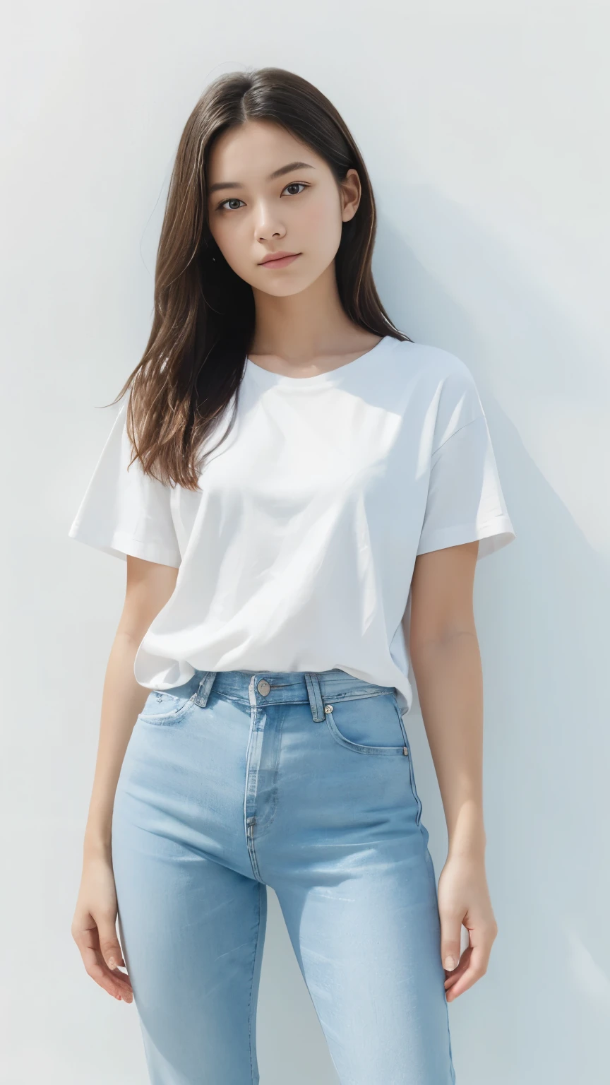 A minimalistic photo of a young woman standing with a slight lean, wearing a white t-shirt and light blue jeans, neutral expression, soft light coming from above, white gradient background, natural light shadows, high-definition detail