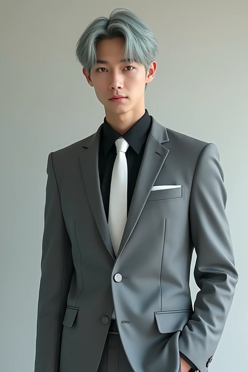 ((Highest quality)), ((masterpiece)), (detailed),Grey suit,male,20-year-old,White tie,Grey Hair,blue eyes,Black shirt,Japanese