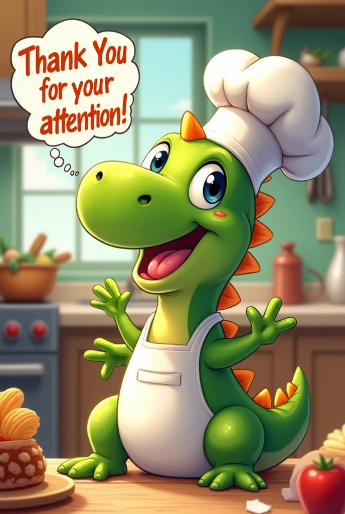 Make a picture of a little green dinosaur dressed as a chef saying thank you for your attention, clap and don't ask questions, dear gourmets