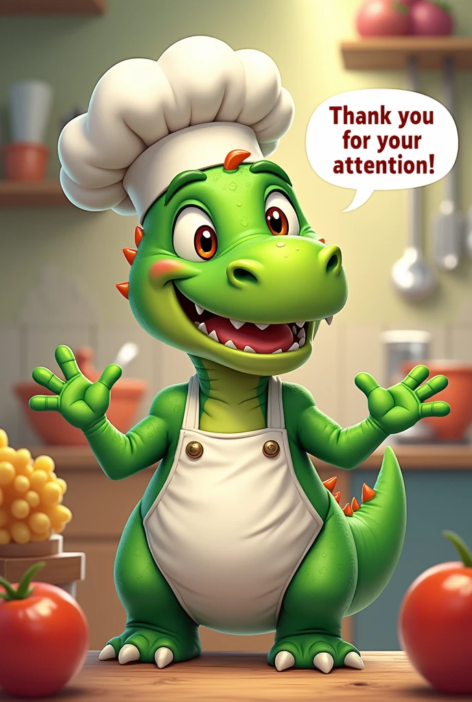 Make a picture of a little green dinosaur dressed as a chef saying thank you for your attention, clap and don't ask questions, dear gourmets