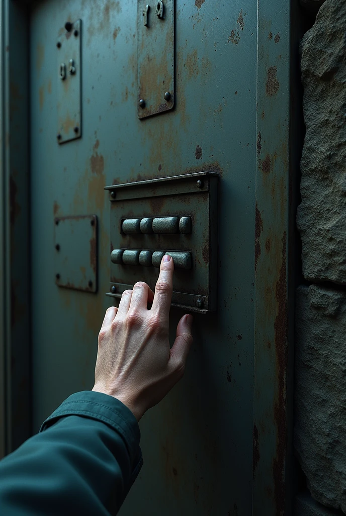 abandoned mansion, first person perspective typing on metal door that requires 3 digit password
