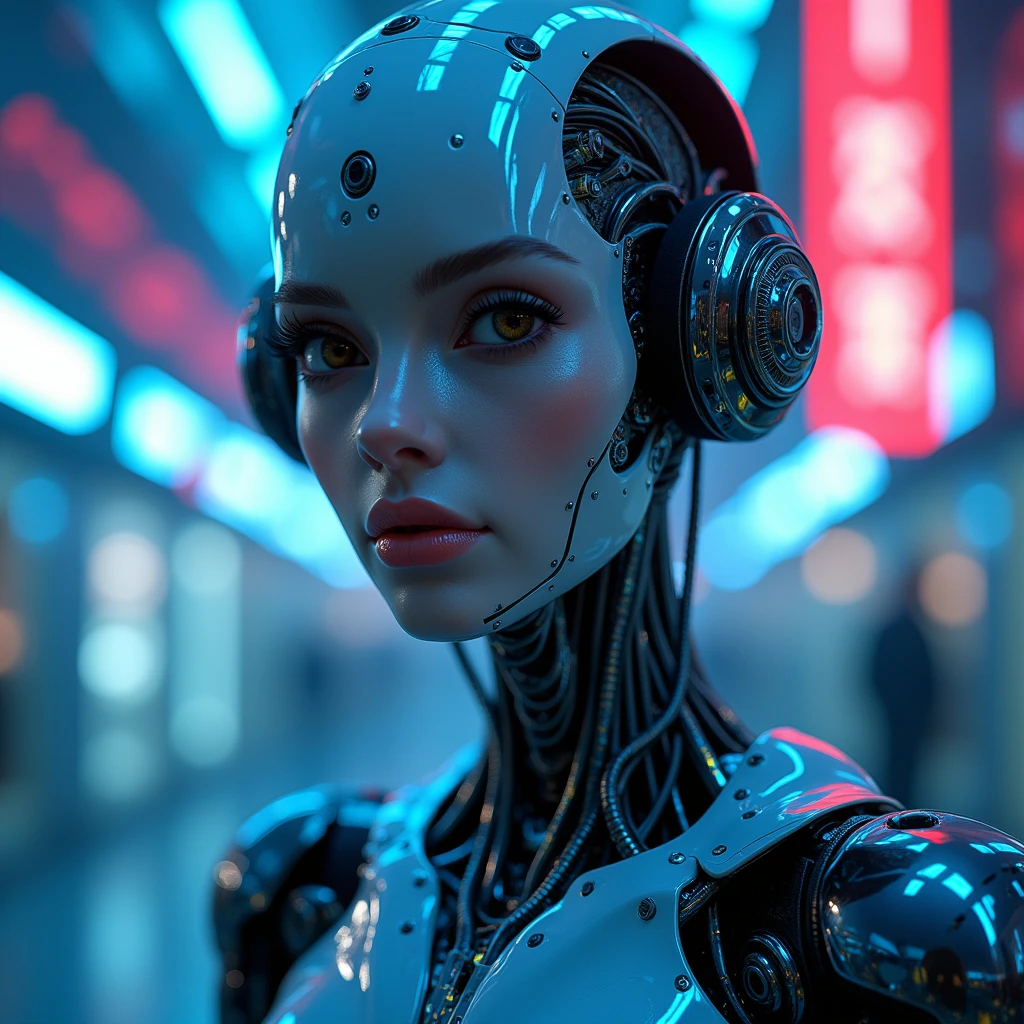 front view (3), a sexy female robot,glossy metallic body, glowing blue circuitry, beautiful detailed eyes,beautiful detailed lips,extremely detailed face and skin,long eyelashes,seductive pose,intricate mechanical details,futuristic sci-fi setting,dramatic lighting,cinematic composition,(best quality,4k,8k,highres,masterpiece:1.2),ultra-detailed,(realistic,photorealistic,photo-realistic:1.37),highly detailed, cinematic, dramatic lighting,vibrant neon colors