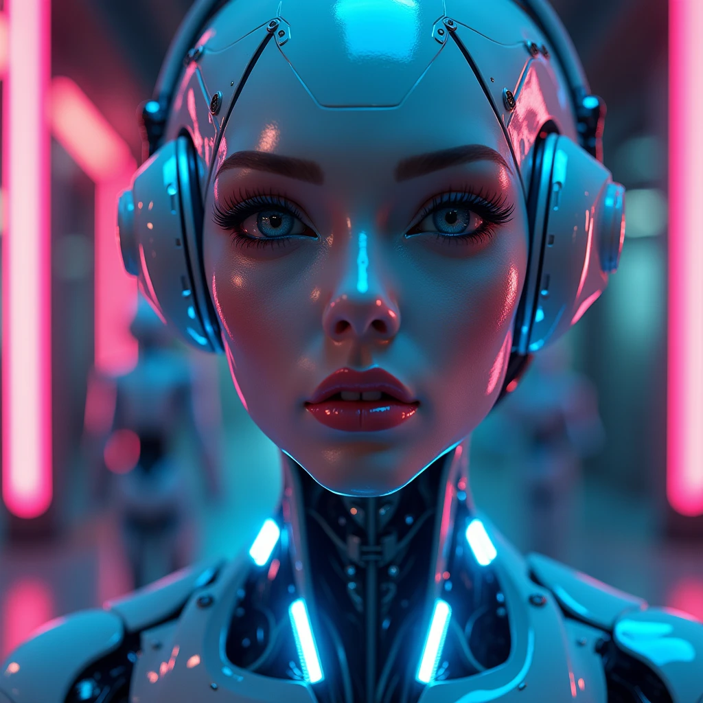 full lenght image, sexy female robot,glossy metallic body, glowing blue circuitry, beautiful detailed eyes,beautiful detailed lips,extremely detailed face and skin,long eyelashes,seductive pose,intricate mechanical details,futuristic sci-fi setting,dramatic lighting,cinematic composition,(best quality,4k,8k,highres,masterpiece:1.2),ultra-detailed,(realistic,photorealistic,photo-realistic:1.37),highly detailed, cinematic, dramatic lighting,vibrant neon colors