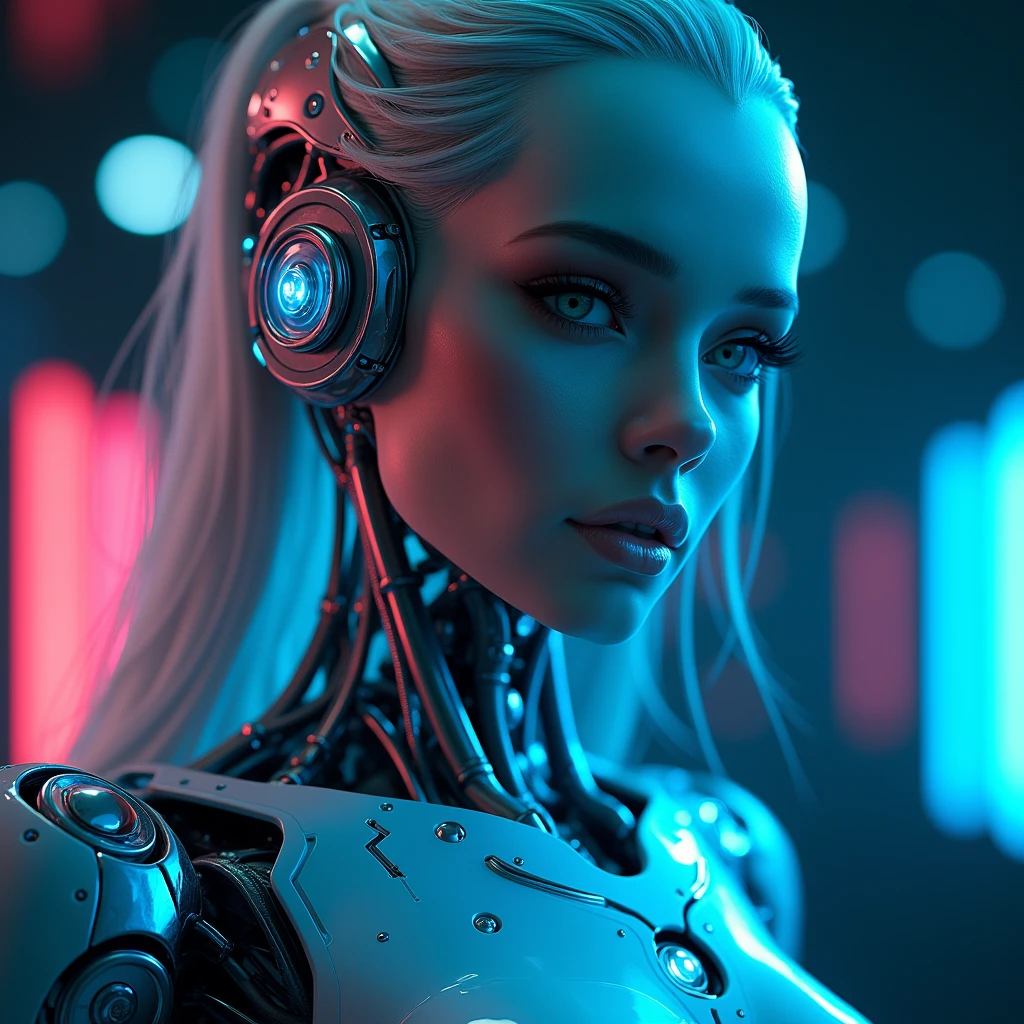 front view (3), a sexy female robot,glossy metallic body, glowing blue circuitry, beautiful detailed eyes,beautiful detailed lips,extremely detailed face and skin,long eyelashes,seductive pose,intricate mechanical details,futuristic sci-fi setting,dramatic lighting,cinematic composition,(best quality,4k,8k,highres,masterpiece:1.2),ultra-detailed,(realistic,photorealistic,photo-realistic:1.37),highly detailed, cinematic, dramatic lighting,vibrant neon colors