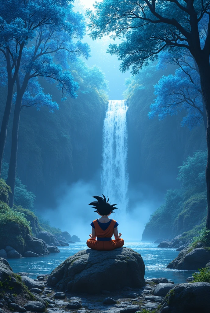 Goku sitting on the rock in the forest with blue coloured trees and water falls