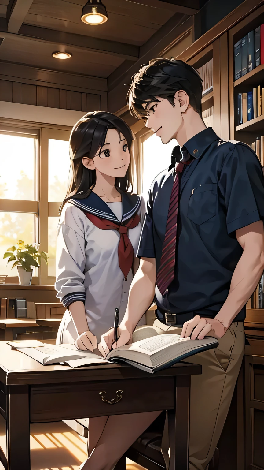 Create an anime-style image set in a bright and cozy library. The scene features two high school students, a boy and a girl, sitting side by side at a wooden desk. The boy is wearing a cutter shirt with a tie and pants, while the girl is dressed in a sailor-style uniform with a skirt. They are sitting side by side, with open books spread out on the desk in front of them, studying together. Both students are holding pens, writing something in their notebooks while looking at the books on the desk. They are smiling and enjoying each other's company. The scene is viewed from the front, showing their faces and the warm, soft light illuminating the space, creating a cheerful and pleasant atmosphere. In the background, large windows reveal a clear summer sky with vibrant blue colors, enhancing the fresh and lively ambiance. The bookshelves filled with books further emphasize the library setting.