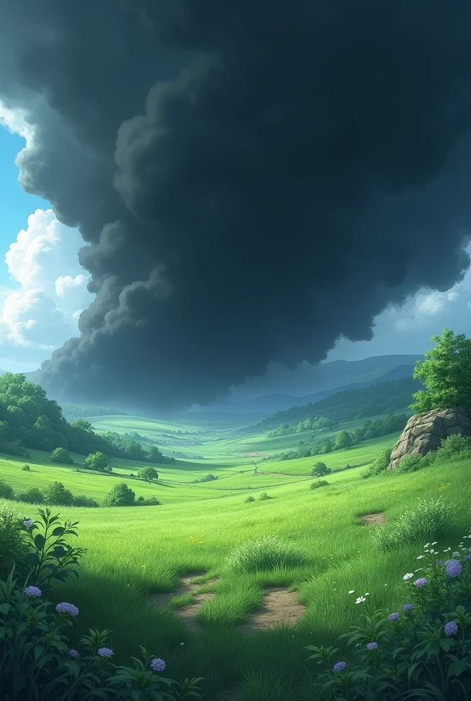 Thick deadly black fog approaching in a fantasy world grassland anime panoramic view
