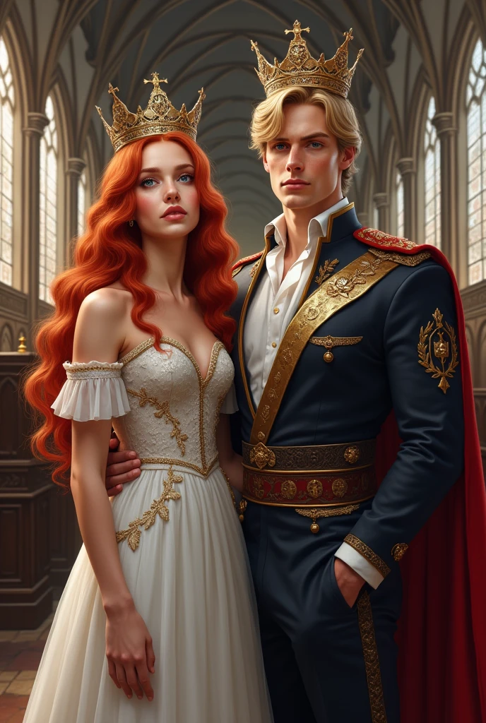 a red-haired girl with long hair, blue eyes and a man a muscular and handsome man with light blue eyes and blond hair, the two being crowned in Westminster Abbey in London with contemporary touches