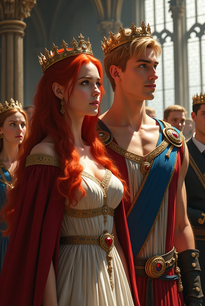 a red-haired girl with long hair, blue eyes and a man a muscular and handsome man with light blue eyes and blond hair, the two being crowned in Westminster Abbey in London with contemporary touches