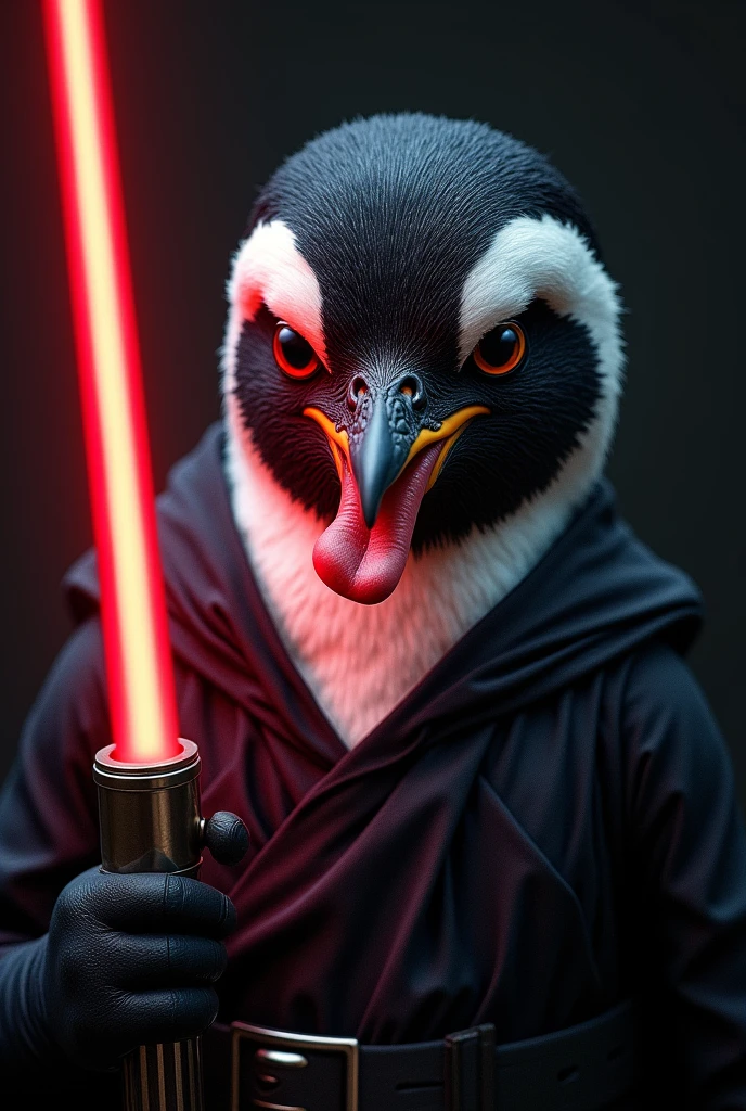 a close up of an evil penguin facing the camera with his tongue out on the side of his mouth and using a sith vest with a red light saber on his hand