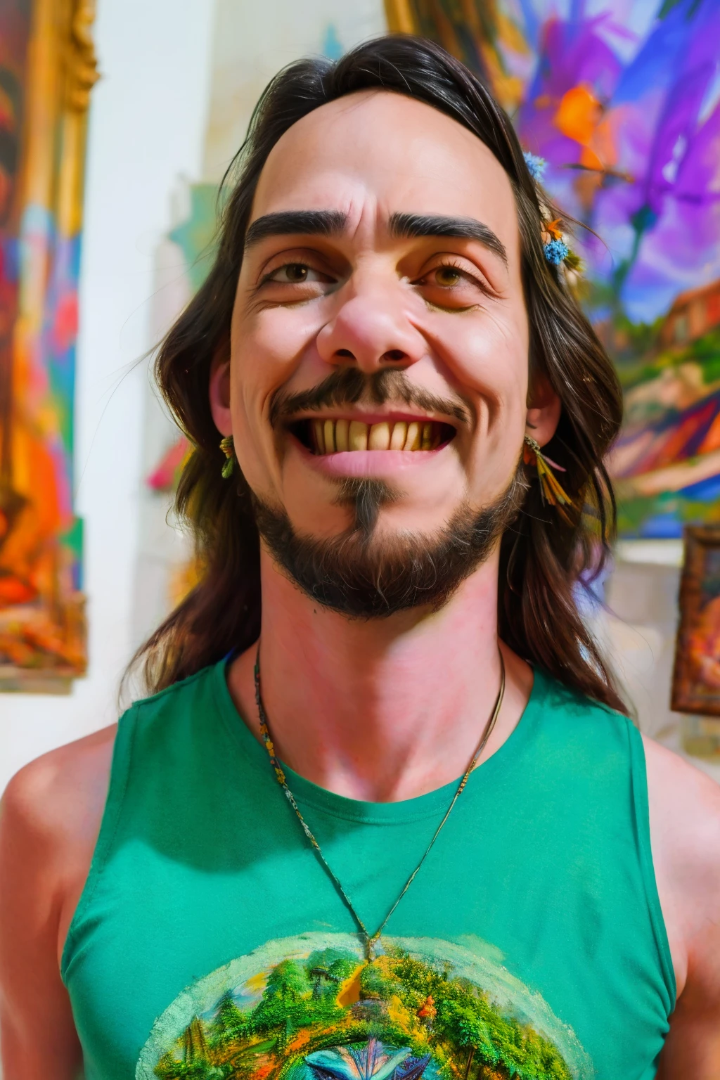 A (((caricature of wtruffa))) has a (((hippie Guy, 1man, male:1.4))) floating in the sky, exaggerated facial features with large eyes and a wide, blissful smile, long flowing hair with flowers and beads, wearing vibrant tie-dye clothing, surrounded by colorful birds, surreal and dreamy atmosphere, clouds and stars in the background, psychedelic patterns swirling around, cartoon style, bright and vivid colors, peaceful and euphoric expression, dynamic and whimsical pose, highly detailed, (masterpiece: 2), best quality, ultra highres, original, extremely detailed, perfect lighting