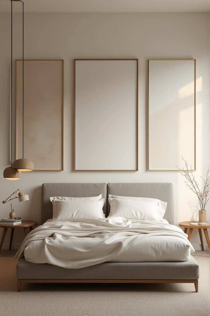  I want to recreate how I want my room and the first thing is that the bed should be facing the wall, the front should be beige, the bed should be gray and the bed should be facing the wall and also on the left, so it should be attached to the wall on the right side of the bed, on the wall where the headboard is, I want an irregular floating mirror and above the headboard of the bed some large nude-colored paintings.