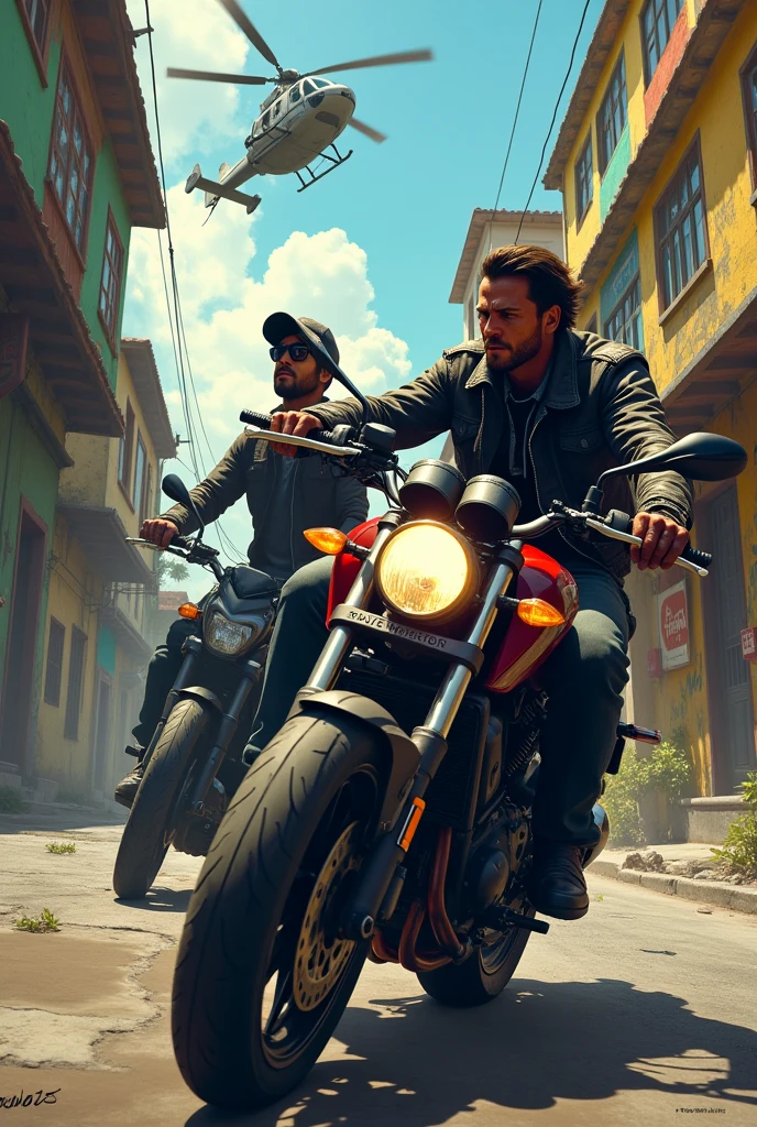 uma chat, create a cover for a game about faction, puts two bandits in an mt-07, with a Brazilian favela in the background, with a police helicopter from Brazil.