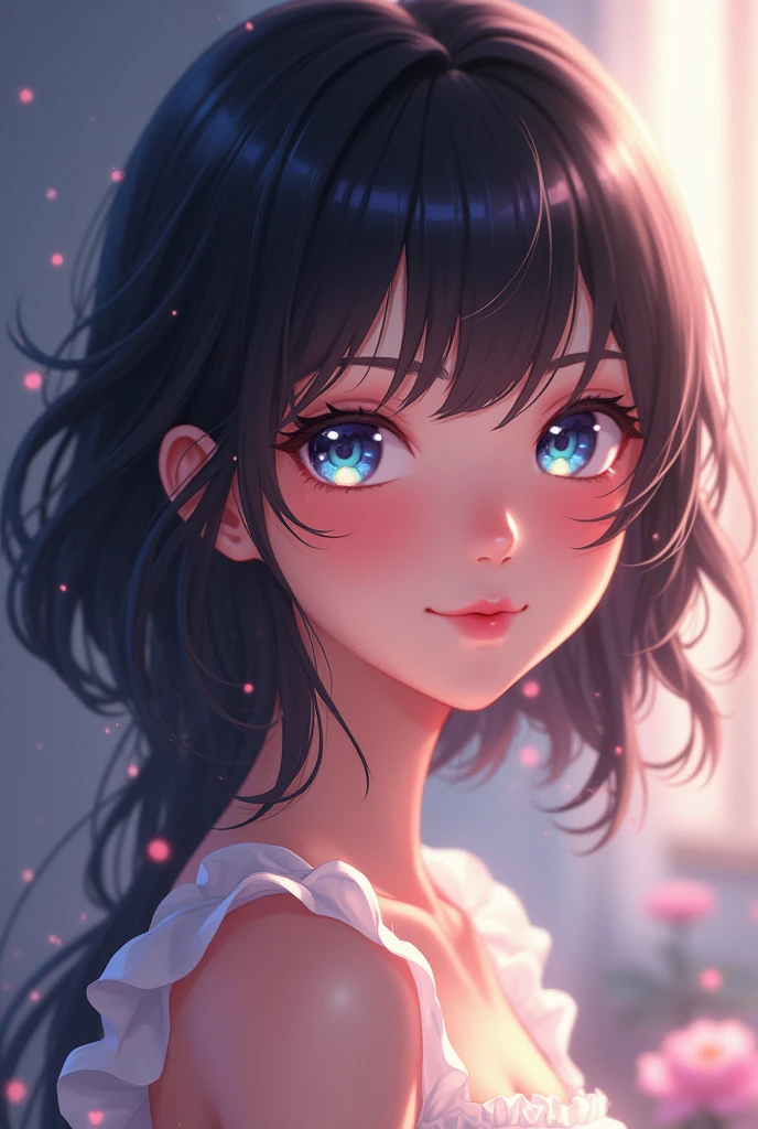Charming anime girls captivate viewers with their ethereal beauty. Her shiny black hair accentuates her delicate features, and her large, expressive eyes sparkle with joy. Digital painting brings this stunning character to life