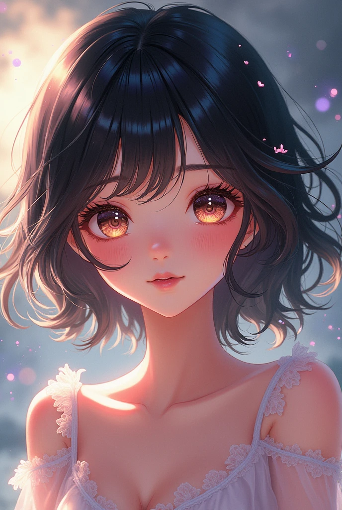 Charming anime girls captivate viewers with their ethereal beauty. Her shiny black hair accentuates her delicate features, and her large, expressive eyes sparkle with joy. Digital painting brings this stunning character to life