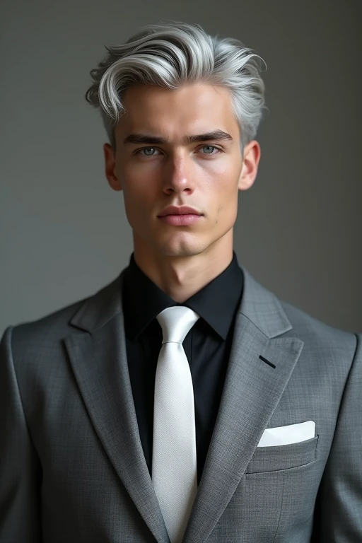 ((Highest quality)), ((masterpiece)), (detailed),Grey suit，male，20-year-old，White tie，Grey Hair，blue eyes，Black shirt，Foreigners