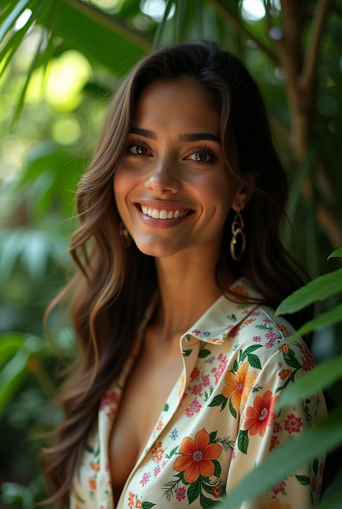 A Brazilian woman in a lush tropical garden, wearing an open shirt with a floral print, with a close-up capturing the harmonious beauty between her breasts and the natural flowers, showing off your natural charm and outgoing personality.