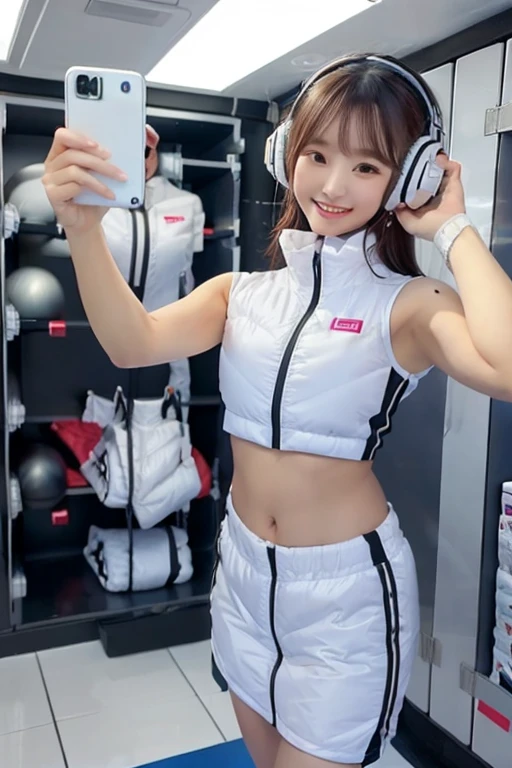 (Masterpiece, high quality), plural, , female students, slim, Flat Chest, Gym locker room, (White panties), White sports bra, navel,headphone,look at viewer,smile,enjoy,(Group selfie), Wide-angle, Soft Light BREAK astrovest,inside space station,futuristic room,