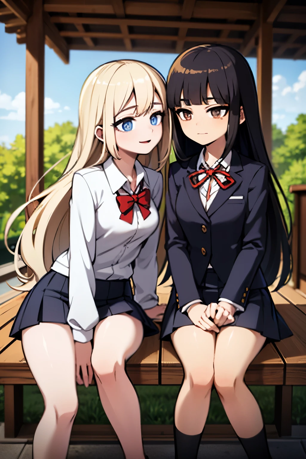 masterpiece, best quality, 2 girls, at a theme park, kissing, holding hands, long wavy hair, long flowing hair, outside a rollercoaster, big rollercoaster in background, person 1 light blonde hair, person 1 blue eyes, person 2 dark hair, person 2 dark black hair, person 2 dark purple eyes, japanese school uniform, blue and white uniform, small chest, 4k, hd, ultrarealistic, photorealistic, 20 years old, older, mature, happy
