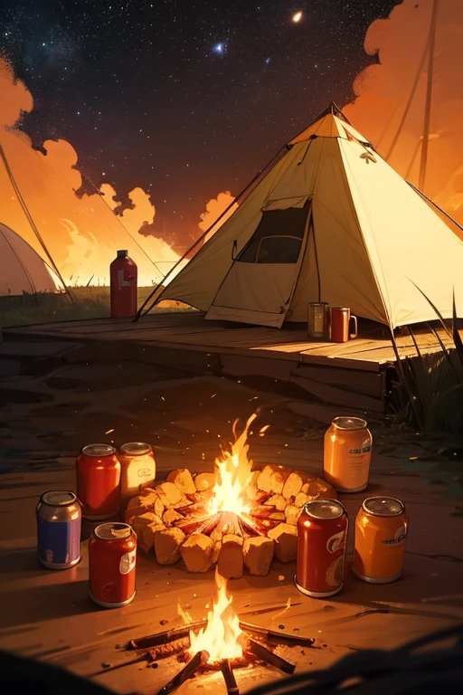 8k,Extremely detailed, masterpiece,High resolution,Highest quality,Increase the resolution,Cinema Lighting,Different space，Ultra Wide Angle，camp，Pop-up tent，Simple fire pit，Small bonfire，Canned food，vision，1 girl，Milky Way