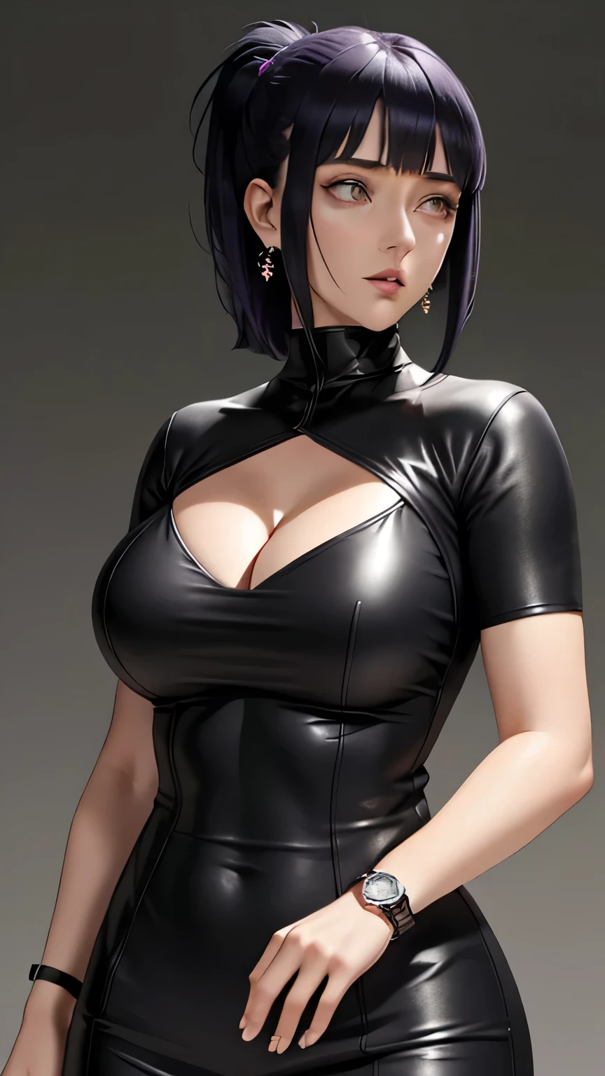 cleavage,big ,hinata from naruto anime, purple hair, short hair, bangs, mauve eyes, wears mascara, ponytail, perfect body, perfect breasts, beautiful woman, very beautiful, a tight black dress, wears a watch wearing earrings,  Realism, masterpiece, textured leather, super detailed, high detail, high quality, best quality, 1080P, HD, 16k