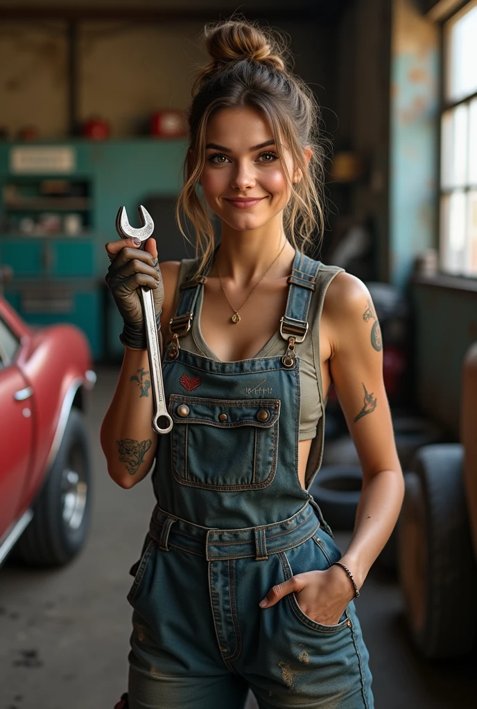 ((best quality)), ((masterpiece)), (detailed), Charming female mechanic covered in grease,Confident smile,looking at camera,(Dirty and rough charm:1.2), (A tenacious and confident demeanor:1.1), (Mechanical expertise:1.3), disheveled hair, With a naughty smile on his face,dirty, The stained overalls hugged her curves, (Tough Tools of the Trade:1.2), Messy repair shop, Scattered car parts, (Real car atmosphere:1.2), (intense gaze:1.1), 她dirty手裡緊握著扳手, 8K resolution,looking at another, look away,( Tattoo:1.2), masterpiece, best quality,Realistic, Ultra-high resolution, Photographic lights