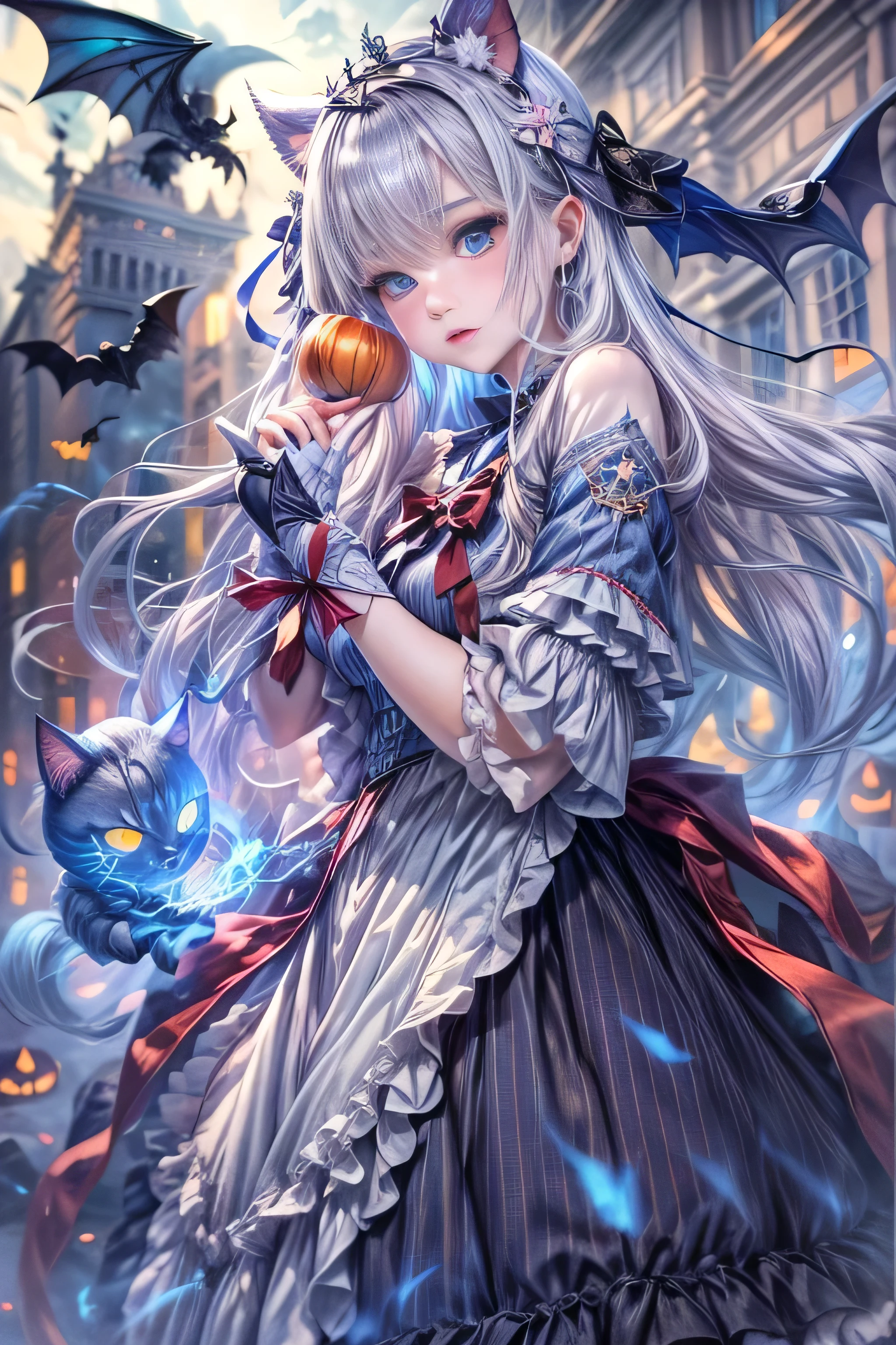 8k.Half Russian and half Japanese、Russian face、beautiful girl、princess、、Small face、Young face、Big eyes、Skinny、Small breasts、（（（Silver Hair、Silver Hair）））、With bangs、（（（High resolution big beautiful light blue eyes, ）））、Long Straight、（（（Red ribbon in hair、Floral decoration）））、Partially braided、Japanese school uniform、Gray school uniform、Red bow tie、A girl surrounded by a fantastic blue flame，（Girl with big bat wings）、2 people、twins、ヴァンパイアのprincess、（Sharp Fangs）（Blood dripping from fangs）、Blue flame aura all over the body、Runaway girl、Manipulate countless pale fire balls、、Halloween Costumes, Pointy hat、Decorated pumpkins with intricate haunted house motifs.black magic、magic circle、（（Illuminated shadow of a bat on a cloud））、Old clock tower、fantasy landscape、A blue light emanates from her chest and spreads through her veins、Blue Flame Fantasy、Halloween Master、（（（A glowing blue cat with bat wings）））、２Animals、Swarm of bats、central、god々Successfully、Building district、skyscraper