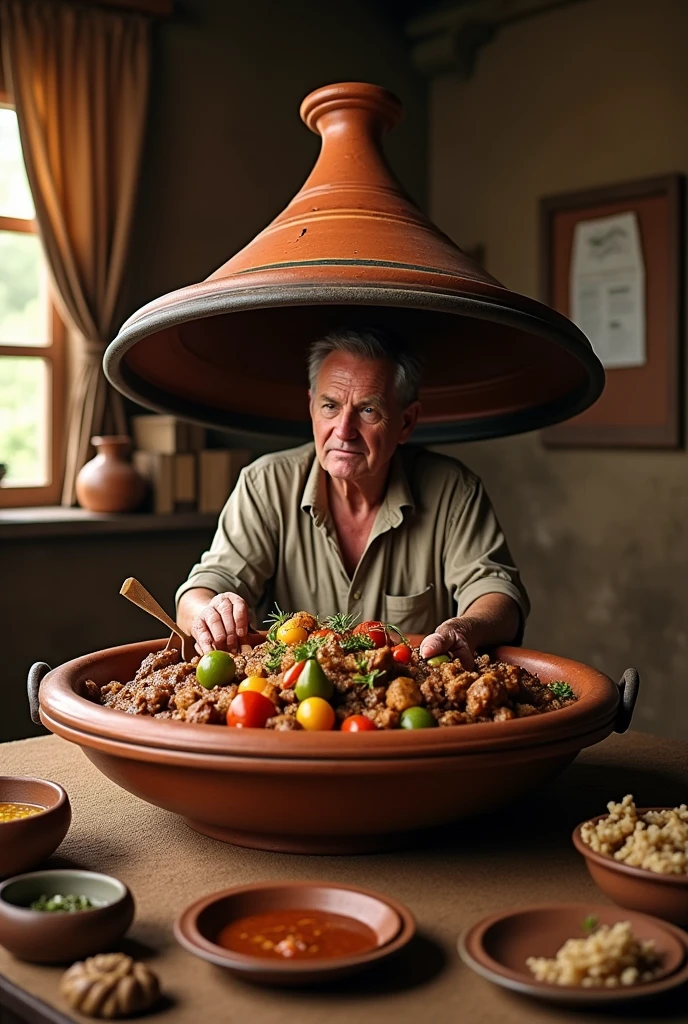 Man eating in a giant tagine with meat, real life