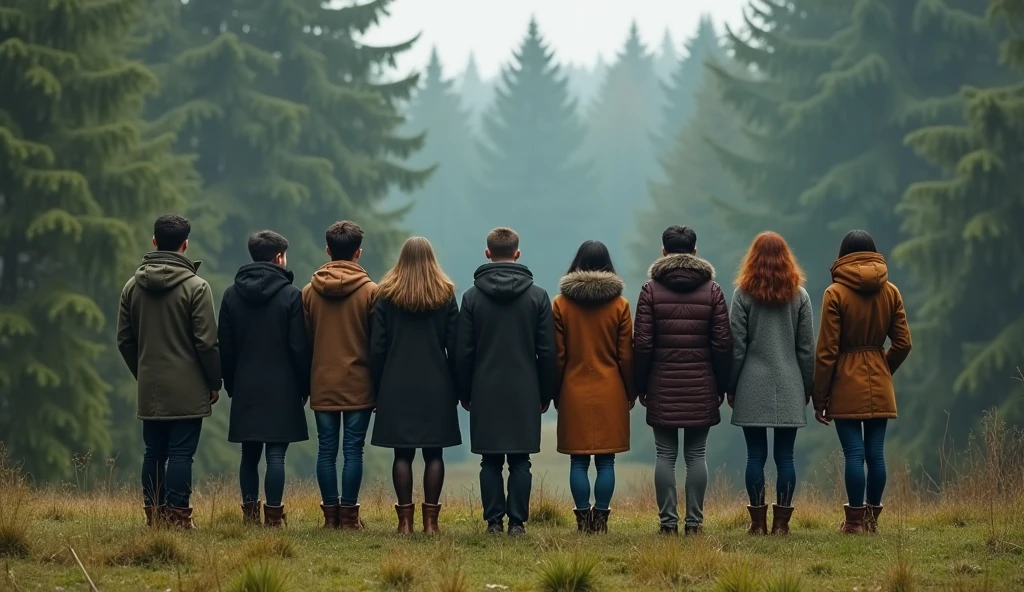 Create a picture of 9 young people. 5 men and 4 women. They stood on the grass facing the forest.They all wore coats because it was cold.. All wearing boots. Make the picture show only their backs
