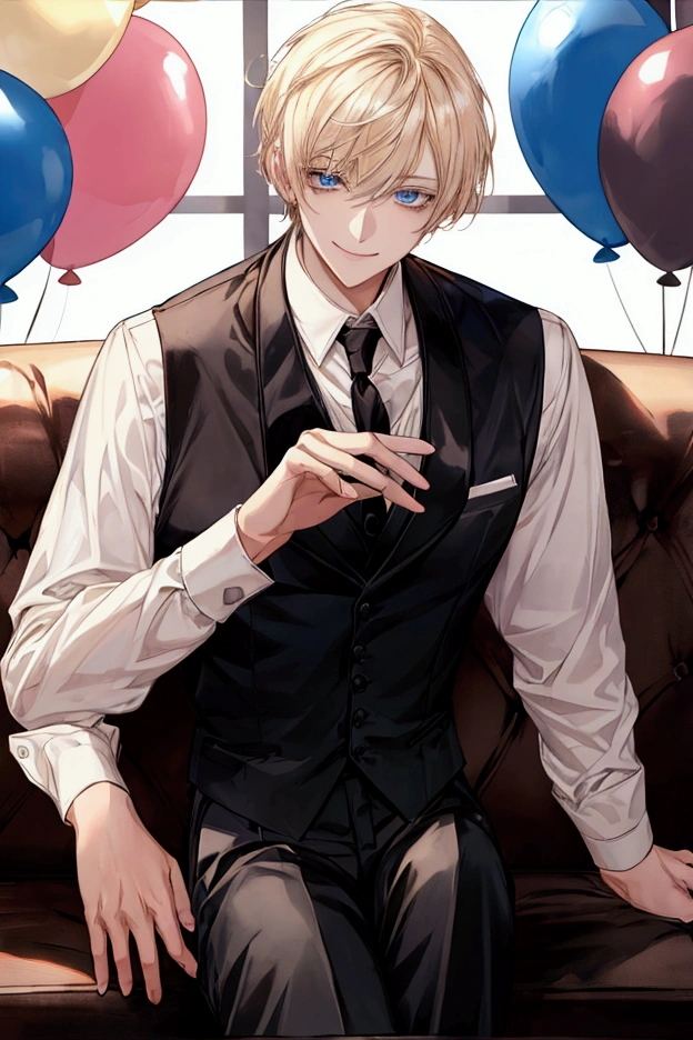 1guy, light blonde hair, short hair, hair styled apart right side, light blue eyes, wearing a white button shirt, wearing black vest and black tie, sitting on couch, balloons in background, cake on table in front, smiling, high quality, good lighting