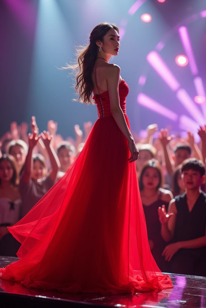 Very beautiful Korean idol giving a concert in a red dress 