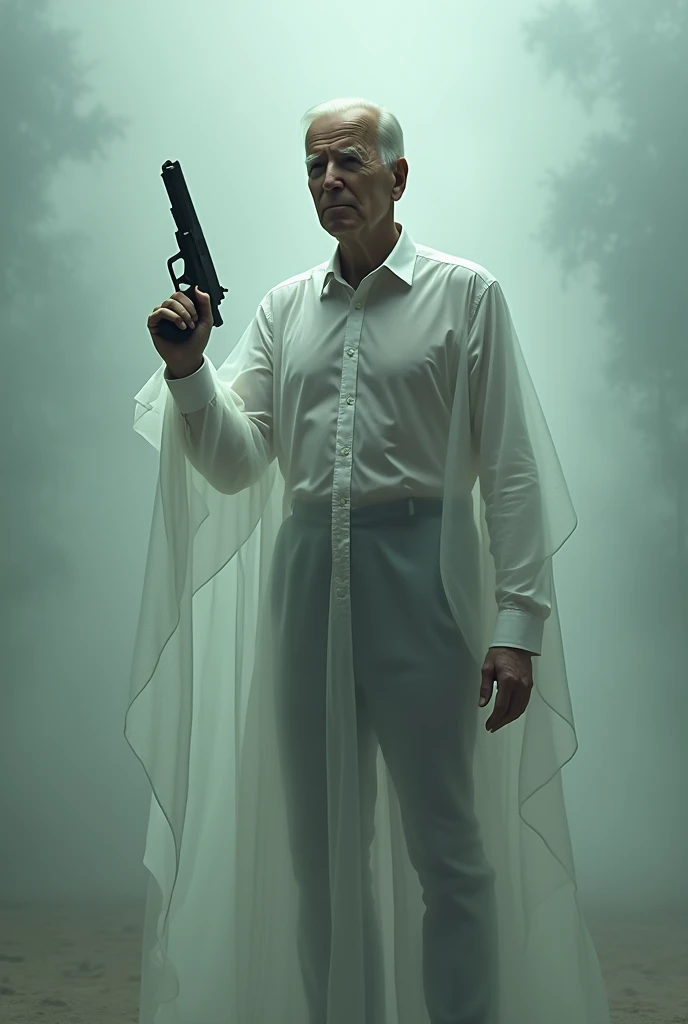 joe biden in transparent clothes and a gun