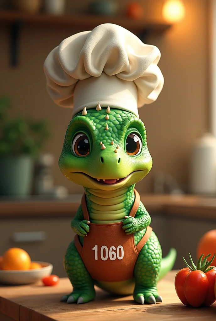 Make a picture of a little green baby dino dressed as a chef with letters in Spanish saying thank you for your attention, applaud and don't ask questions, dear gourmets.