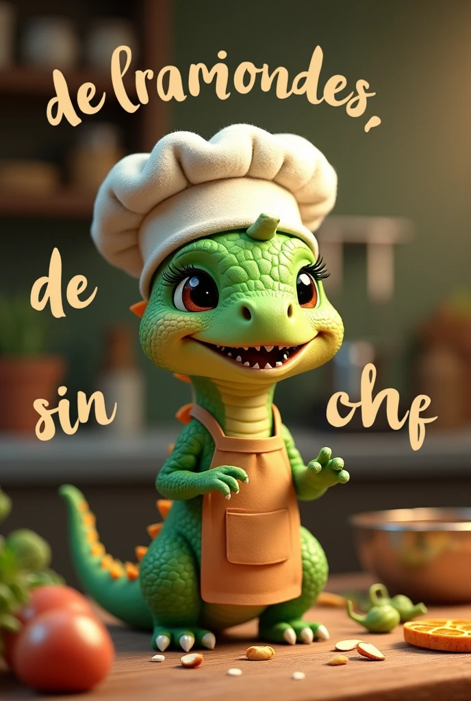 Make a picture of a little green baby dino dressed as a chef with letters in Spanish saying thank you for your attention, applaud and don't ask questions, dear gourmets.