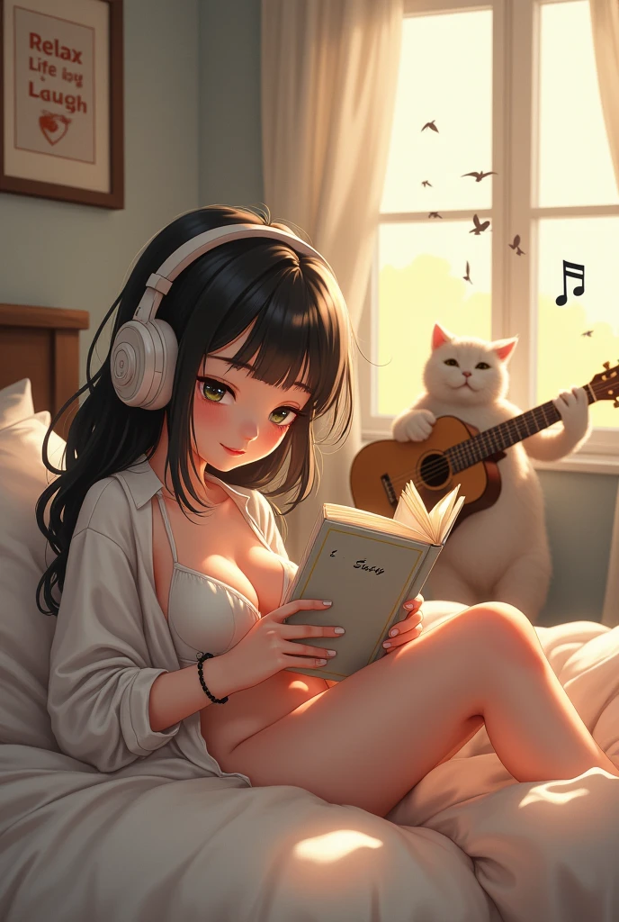 Create youtube thumbnail promt: a cute  girl,innocent, lustful, smile relax, wearing white shirt showing beautiful bra and sexy white panties ,lying in bed, sexy body, read book “Life is easy”, girl wearing headphones, cat playing guitar, outside the window birds are chirping, There are musical notes flying around the room., There is a picture that says “Relax” & Laugh”, image ratio 1280x720 pixels