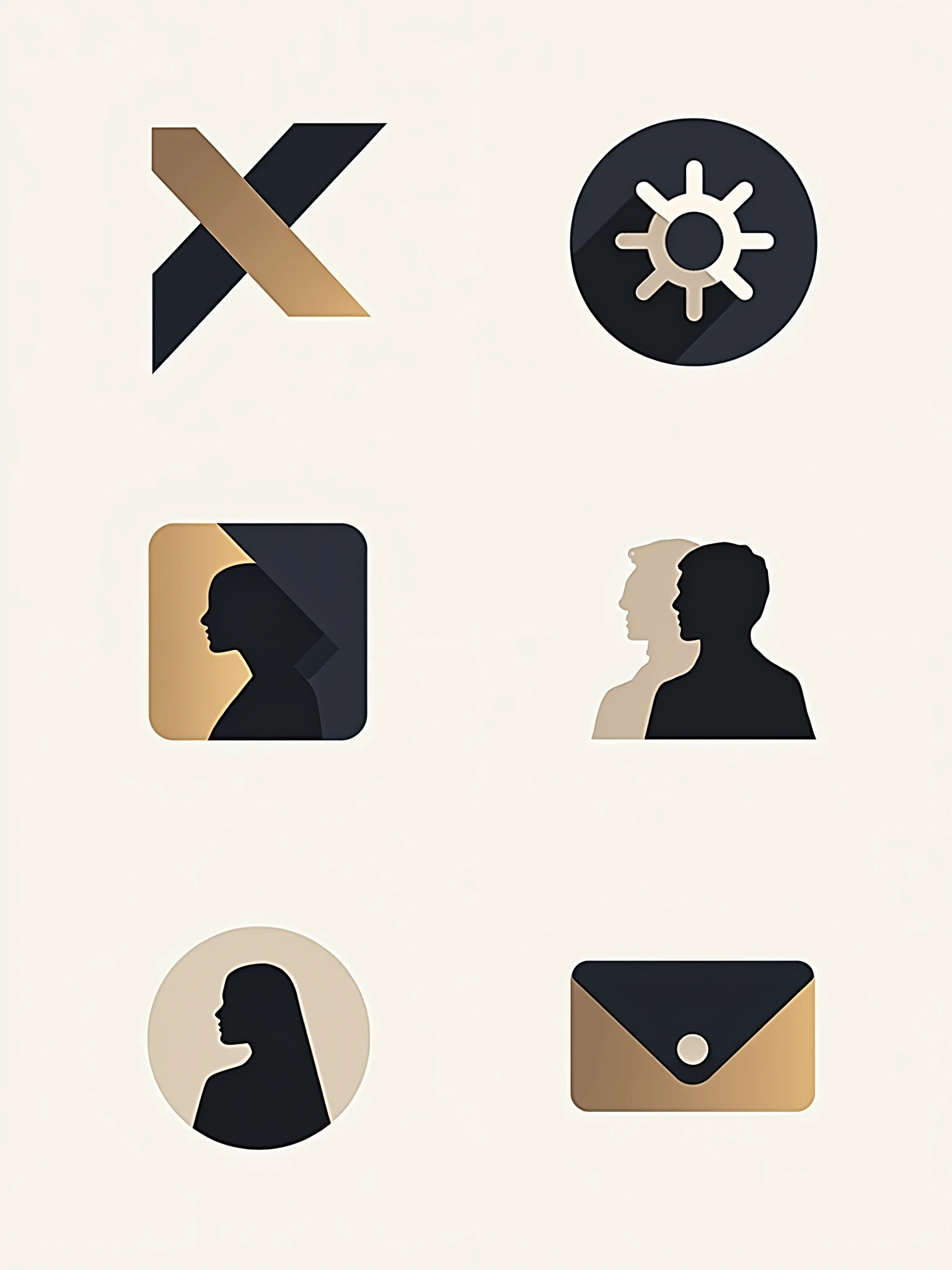 Create five prominent icons for the "Bomba" agency's Instagram profile. Icons must be visually impactful and aligned with the brand's sophisticated identity. Use the brand's color palette and maintain a cohesive, modern style. Features of Highlights: General Theme: Style: Modern, elegant and minimalist, with geometric shapes or stylized icons. Shape: Use clear and simple shapes that well represent the content of each highlight. Colors: Main Color: Black (#000000) for backgrounds or main elements. Accent Color: Gold (#C9B037) for accents and details. Secondary Colors: Navy Blue (#1A1A40) and Dark Gray (#2E2E2E) to complement. Additional Details: Silver (#C0C0C0) for subtle touches. Highlight Icons and Titles: 1. Start Here Icon: An icon of arrows or a pointing hand, symbolizing beginning or guidance. Color: Black background (#000000) with gold icon (#C9B037). 2. Portfolio Icon: An image gallery icon or folder, representing your work. Color: Navy Blue background (#1A1A40) with Silver icon (#C0C0C0). 3. Customers Icon: An icon of silhouettes of people or a group, representing customers or staff. Color: Dark Gray Background (#2E2E2E) with Gold icon (#C9B037). 4. Services Icon: A gear or tools icon, symbolizing the services offered. Color: Black background (#000000) with gold icon (#C9B037). 5. Contact Icon: An envelope or telephone icon, representing communication and contact. Color: Navy Blue background (#1A1A40) with Silver icon (#C0C0C0). Format and File: Format: Create the icons in a square format (1080x1080 pixels) and save in PNG to ensure transparency. Resolution: High resolution to ensure clarity at smaller sizes on Instagram. Design and Cohesion: Cohesion: All icons should have a consistent visual style to create a uniform, professional appearance. Readability: Ensure icons are clear and easily recognizable even at smaller sizes.