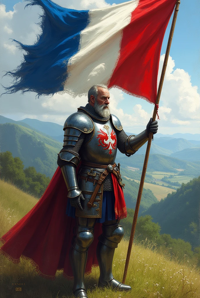 Chevalier Moyen-âge tenant drapeau France, en armure