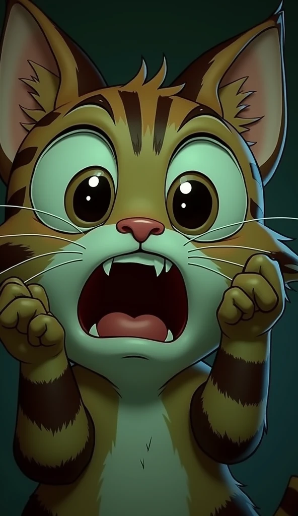 make a picture A cheerful, cartoonish red cat with large, expressive eyes and tearful cheeks, seemingly meowing or crying out. The cat has distinct black stripes and is depicted with its mouth wide open, showcasing tiny teeth, while its paws are outstretched. The background is a soft gradient that complements the red tones of the cat.