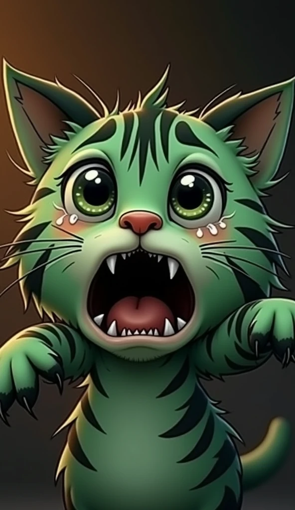 make a picture A cheerful, cartoonish red cat with large, expressive eyes and tearful cheeks, seemingly meowing or crying out. The cat has distinct black stripes and is depicted with its mouth wide open, showcasing tiny teeth, while its paws are outstretched. The background is a soft gradient that complements the red tones of the cat.