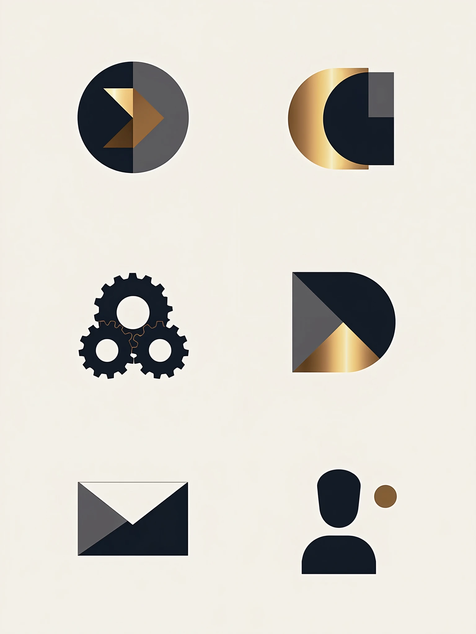 Create five prominent icons for the "Bomba" agency's Instagram profile. Icons must be visually impactful and aligned with the brand's sophisticated identity. Use the brand's color palette and maintain a cohesive, modern style. Features of Highlights: General Theme: Style: Modern, elegant and minimalist, with geometric shapes or stylized icons. Shape: Use clear and simple shapes that well represent the content of each highlight. Colors: Main Color: Black (#000000) for backgrounds or main elements. Accent Color: Gold (#C9B037) for accents and details. Secondary Colors: Navy Blue (#1A1A40) and Dark Gray (#2E2E2E) to complement. Additional Details: Silver (#C0C0C0) for subtle touches. Highlight Icons and Titles: 1. Start Here Icon: An icon of arrows or a pointing hand, symbolizing beginning or guidance. Color: Black background (#000000) with gold icon (#C9B037). 2. Portfolio Icon: An image gallery icon or folder, representing your work. Color: Navy Blue background (#1A1A40) with Silver icon (#C0C0C0). 3. Customers Icon: An icon of silhouettes of people or a group, representing customers or staff. Color: Dark Gray Background (#2E2E2E) with Gold icon (#C9B037). 4. Services Icon: A gear or tools icon, symbolizing the services offered. Color: Black background (#000000) with gold icon (#C9B037). 5. Contact Icon: An envelope or telephone icon, representing communication and contact. Color: Navy Blue background (#1A1A40) with Silver icon (#C0C0C0). Format and File: Format: Create the icons in a square format (1080x1080 pixels) and save in PNG to ensure transparency. Resolution: High resolution to ensure clarity at smaller sizes on Instagram. Design and Cohesion: Cohesion: All icons should have a consistent visual style to create a uniform, professional appearance. Readability: Ensure icons are clear and easily recognizable even at smaller sizes.