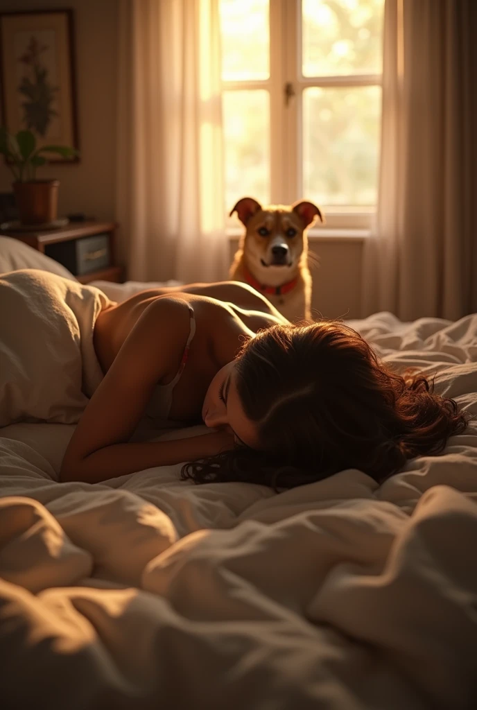 Video sexy, girl under the bed, sun light from windows, dog position , close up view back