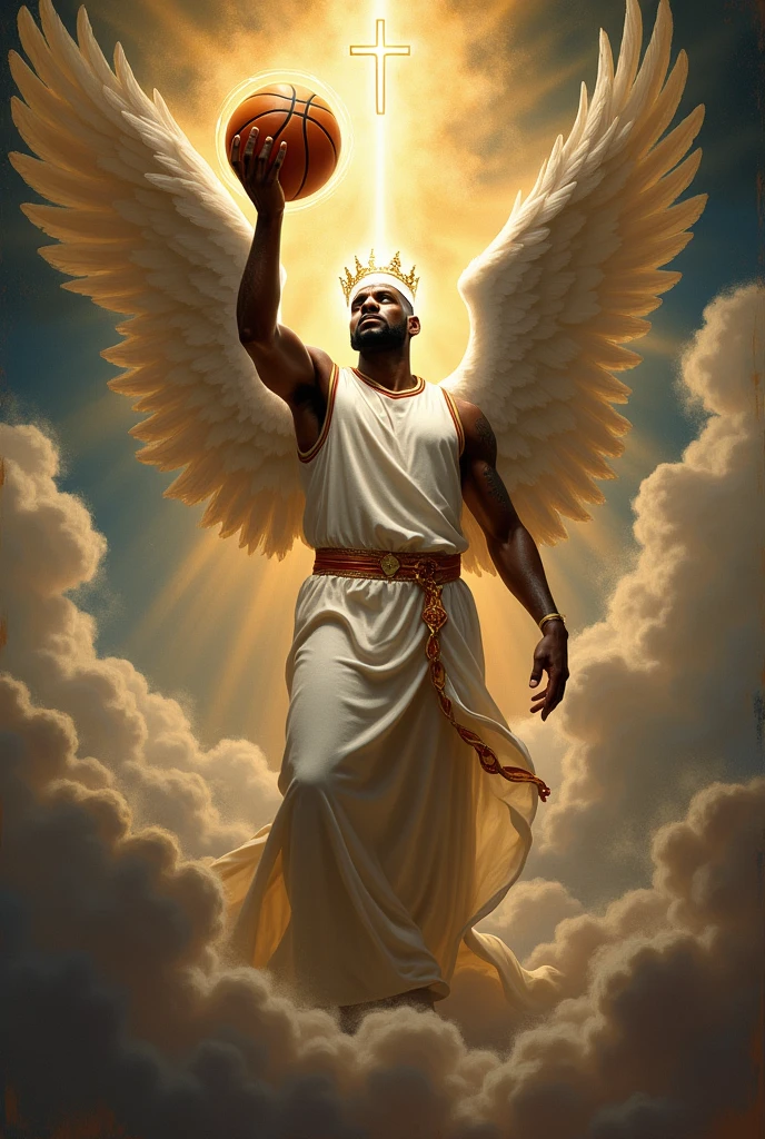 Renaissance angel godly Christian Lebron James with a crucifix basketball to ward off spirits