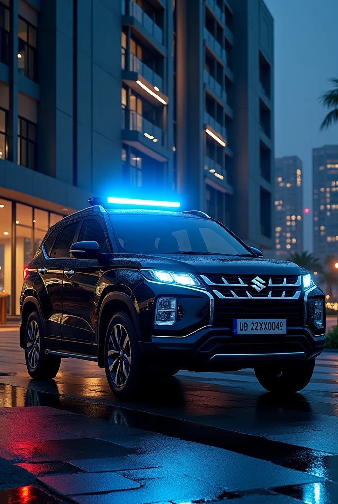 Maruti Suzuki Grand vitara in black colour with police light at night infront of a luxury building with number plate UP42AX0049