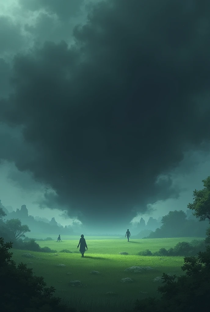 Thick, deadly black fog approaching from all sides in a fantasy world grassland anime panoramic view