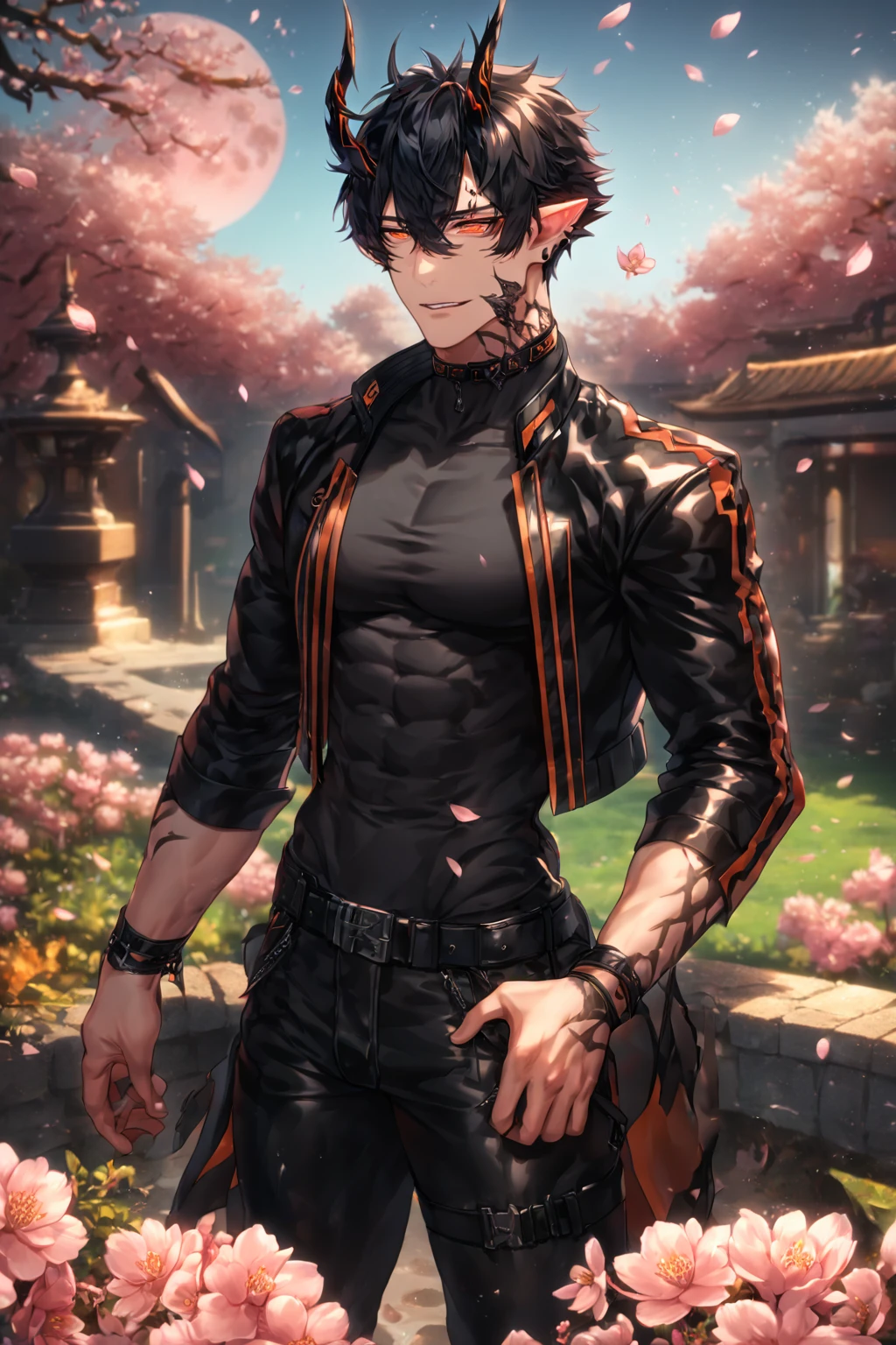 absurdres, highres, ultra detailed, HDR) master piece, best quality, extremely detailed, detailed face, detailed eyes, delicated features, Flamebringer, black hair, expressive orange eyes, Arknights, solo, sexy man, handsome, toned, sensual, manly man, black horns, slightly pointed ears, black marks on the face, cropped leather jacket with orange patterns, tight turtleneck shirt, collar, black leather pants, cherry blossoms, garden, pink flowers, fantasy, magical, pink moon, blue sky