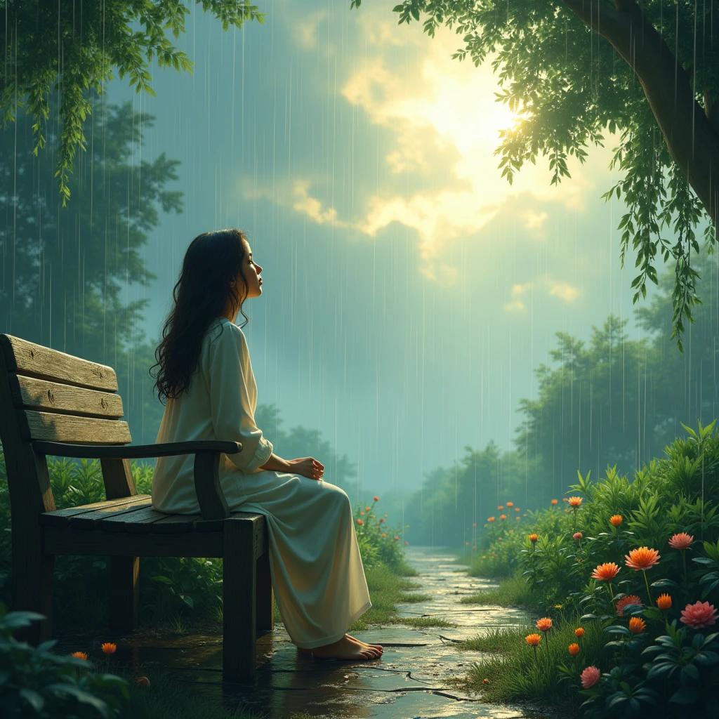 Illustrate a peaceful, rain-soaked garden, where a person is sitting quietly on a bench, looking up as the clouds part to reveal a radiant light breaking through. The light represents God hearing their cry and offering comfort.