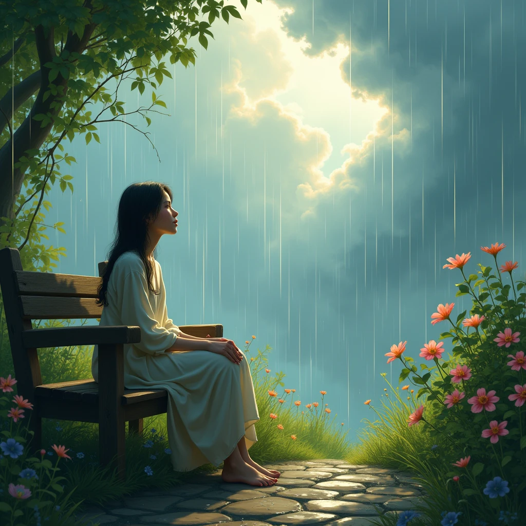 Illustrate a peaceful, rain-soaked garden, where a person is sitting quietly on a bench, looking up as the clouds part to reveal a radiant light breaking through. The light represents God hearing their cry and offering comfort.