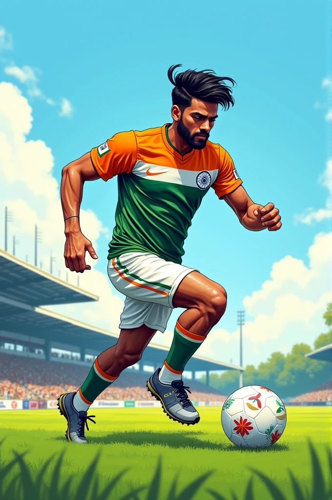 Create an illustration of a Pakistani male athlete resembling Arshad Nadeem, a javelin thrower. He is depicted mid-action, holding a javelin with intense focus, wearing a green sports jersey with a crescent and star emblem, and black shorts. The athlete has a tall and athletic build, with medium-length black hair and a beard. The scene is set in a stadium with a cheering crowd in the background, capturing the energy and determination of a professional sports event.