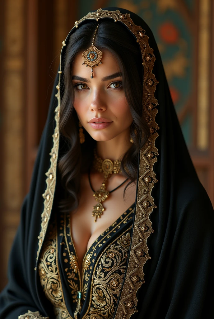 arafed woman in a black dress and a veil with a gold border, arab inspired, arabian beauty, arabian princess, wearing an elegant tribal outfit, arabian nights inspired, middle eastern skin, arab princess, wearing ornate clothing, ornate mask and fabrics, arabian, beautiful arab woman, wearing an ornate outfit, portrait of bedouin d&d, arabian art
